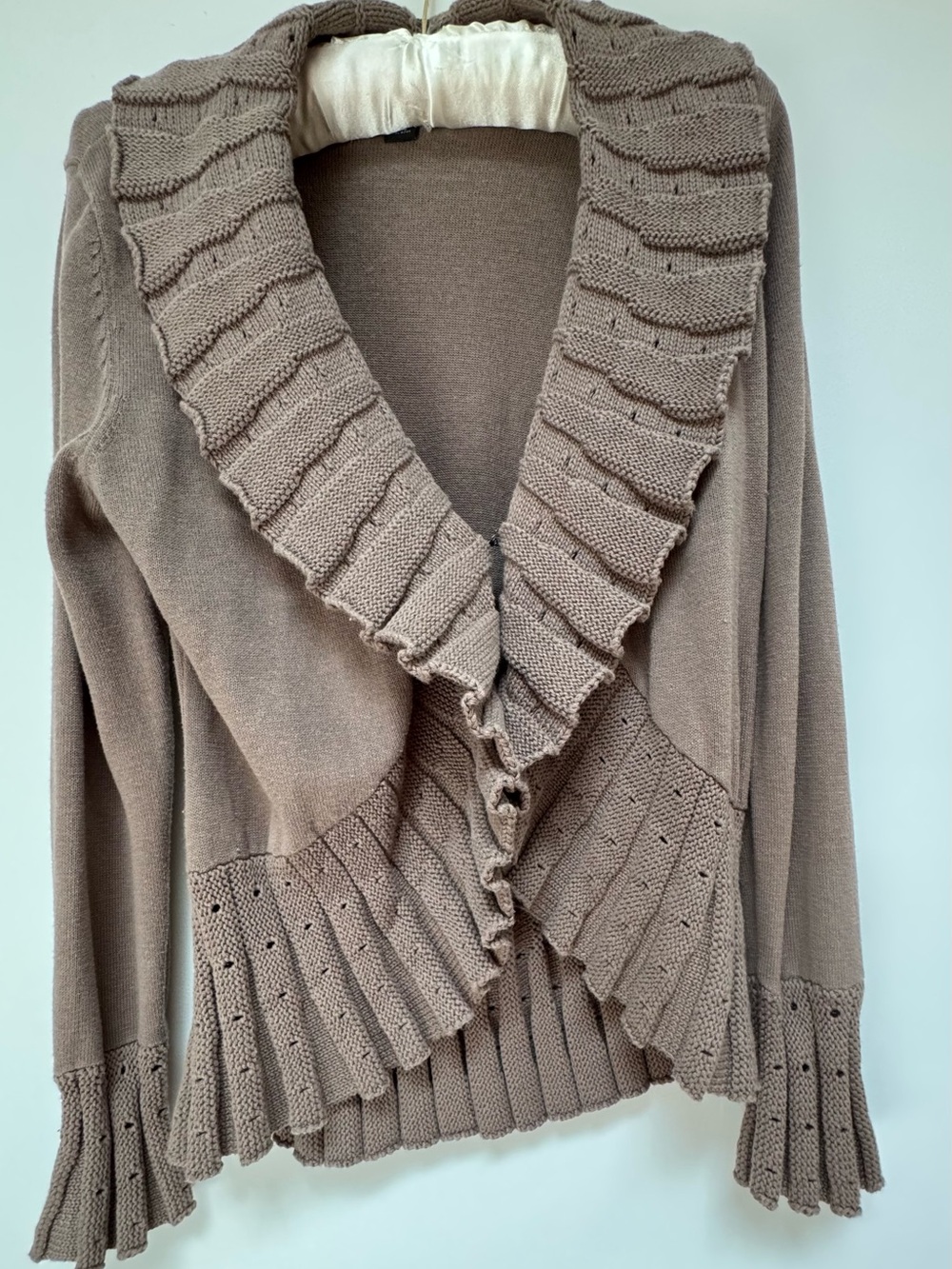 Taupe Ruffled Knit Cardigan Sweater - Women